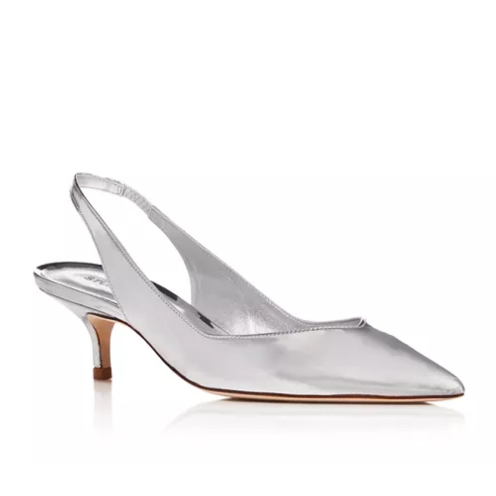 Stuart Weitzman Eva 50 Slingback Pumps Metallic Silver Leather NIB Sz 6.5 / 37